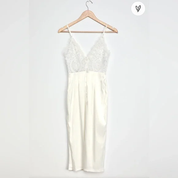 Stunning Sight White Embroidered Lace Satin Midi Dress - Picture 6 of 7